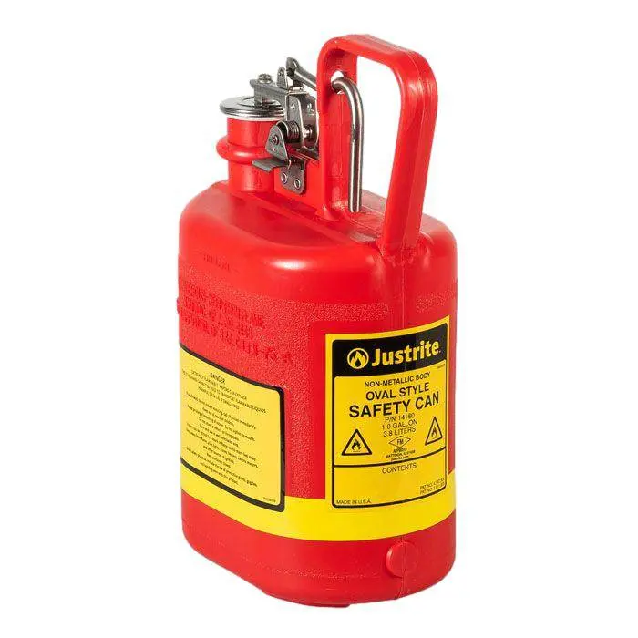 1 Gallon Plastic Safety Can For Flammables, Oval, Flame Arrester, Stainless Steel Hardware, Red - 14160 1