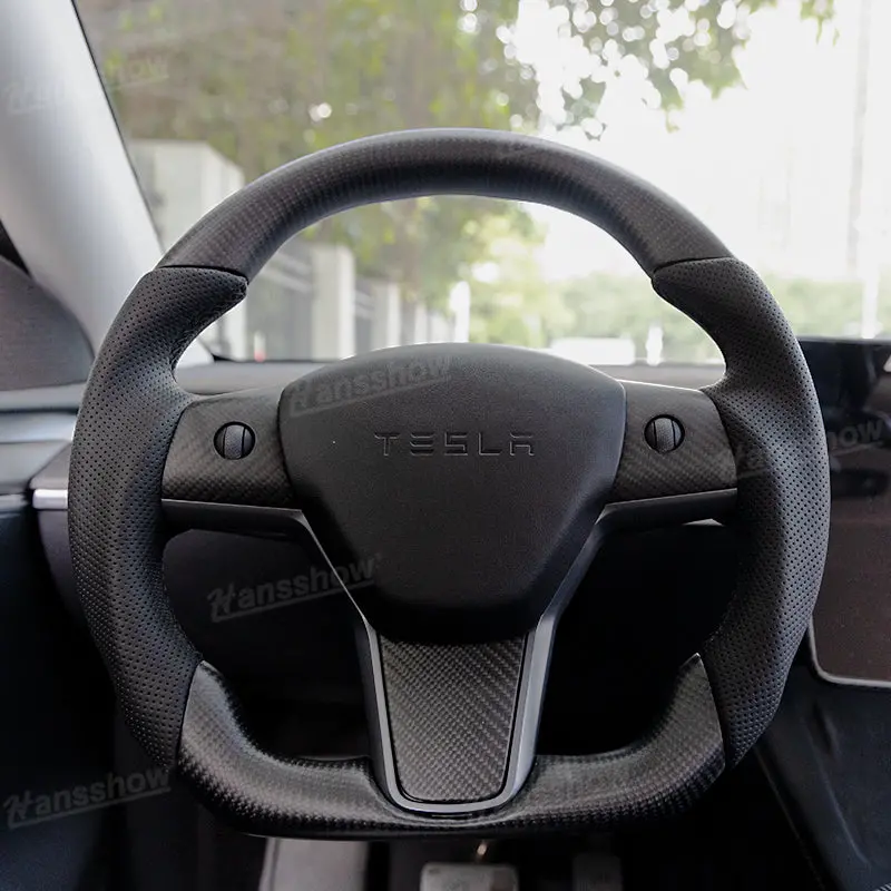 Model 3/Y Carbon Fiber Steering Wheel D-Shaped Round With Perforated Grip... 1
