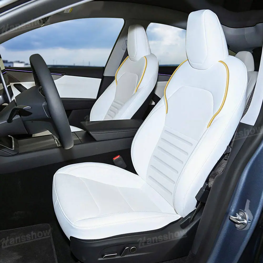 Model 3/Y/Y Juniper Seat Covers Embossed Nappa Leather White Seat Protector... 1