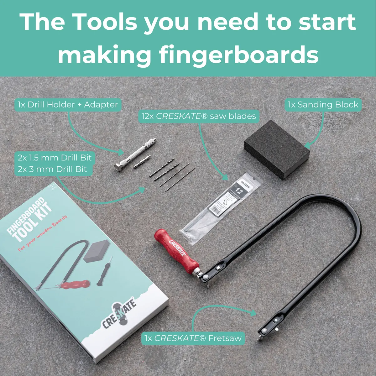 Tool Kit For Fingerboard Deck Making - Includes Fret Saw, Drilling Tool, 2 Drilling Bits, Grinding Sponge 2