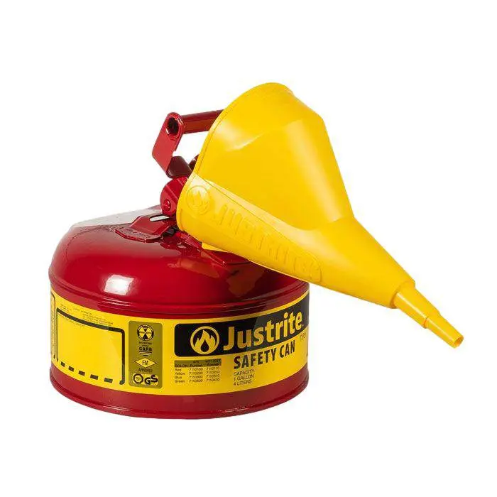 Type I Steel Safety Can, Funnel, 1 Gal, S/S Flame Arrest, Self-Close Lid 1