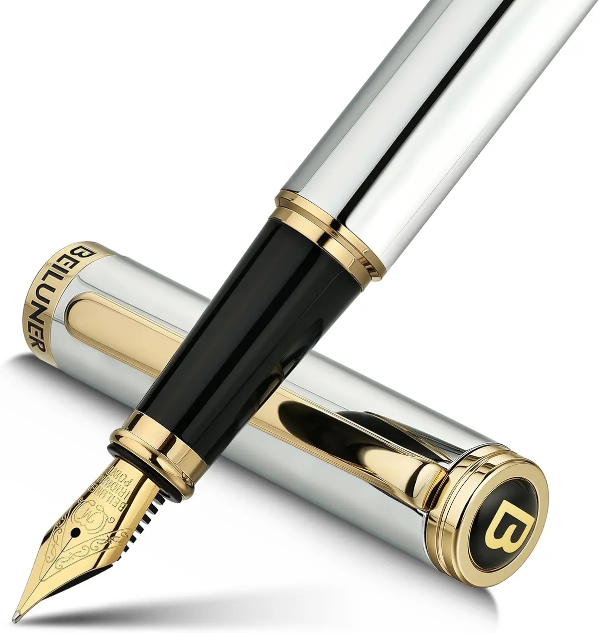 Caneta Tinteiro Beiluner Cromada Prateada, Luxo Deslumbrante Com Detalhes Em Ouro 24K, Linda Ponta Dourada 24K (Média), Caneta Elegante Para Presente Para Homens E Mulheres - Conversor De Tinta - Deluxe Edition 1