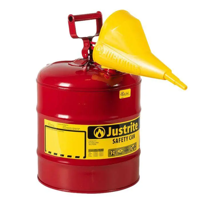Type I Steel Safety Can, Funnel, 5 Gal, S/S Flame Arrest, Self-Close Lid 1