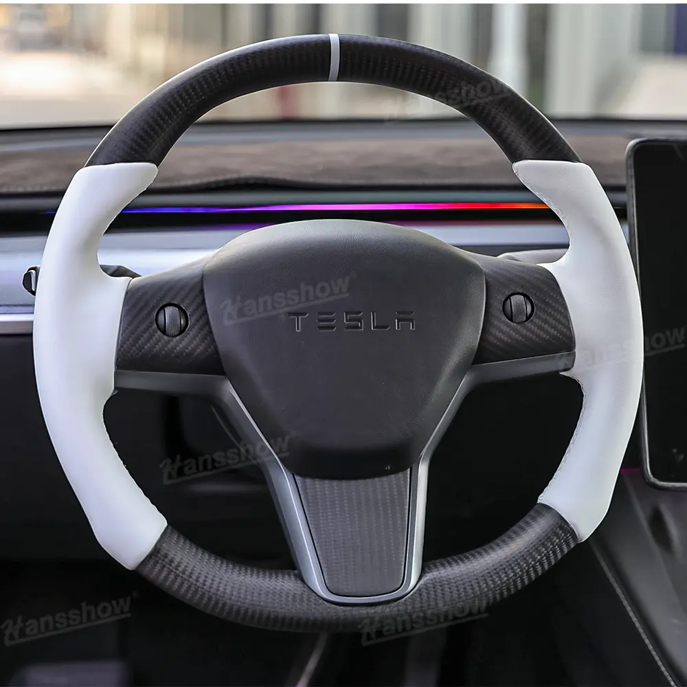 Tesla Model Y/3 Real Carbon Fiber Round Steering Wheel White Nappa Leather... 1