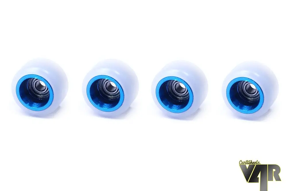 V4r Classic Aluminum Core Fingerboard Wheels By Cartwheels - White With Blue Core (7.5Mm) 1