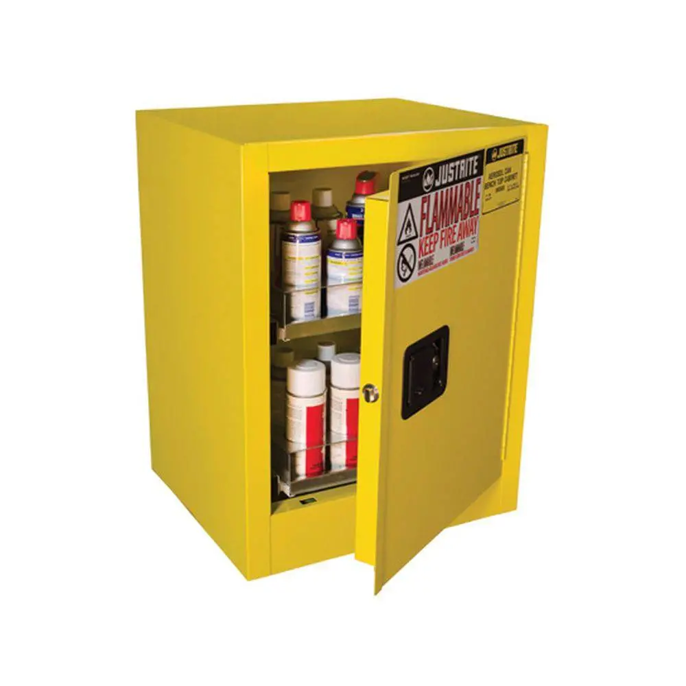 1 Door, Manual Close, 2 Drawers, 24 Can Benchtop Flammable Cabinet, Sure-Grip Ex, Yellow - 890500 1