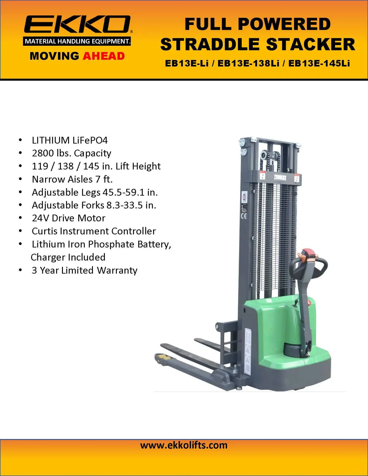Ekko Eb13e-Li Full Powered Straddle Stacker - 2800 Lb Capacity 3