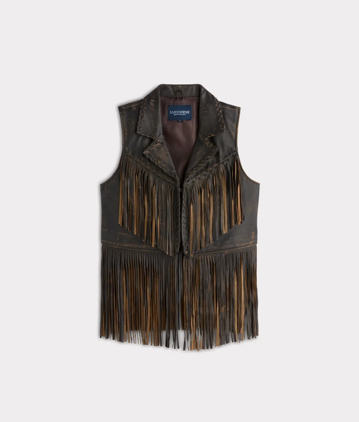 Estelle Distressed Fringe Leather Vest :: Brown 1