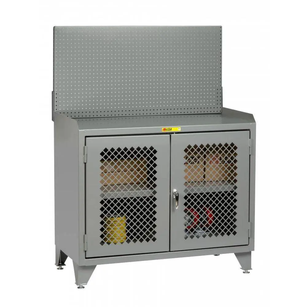 Counter Height Bench Cabinet W/ Pegboard Panel And Clearview Doors 1