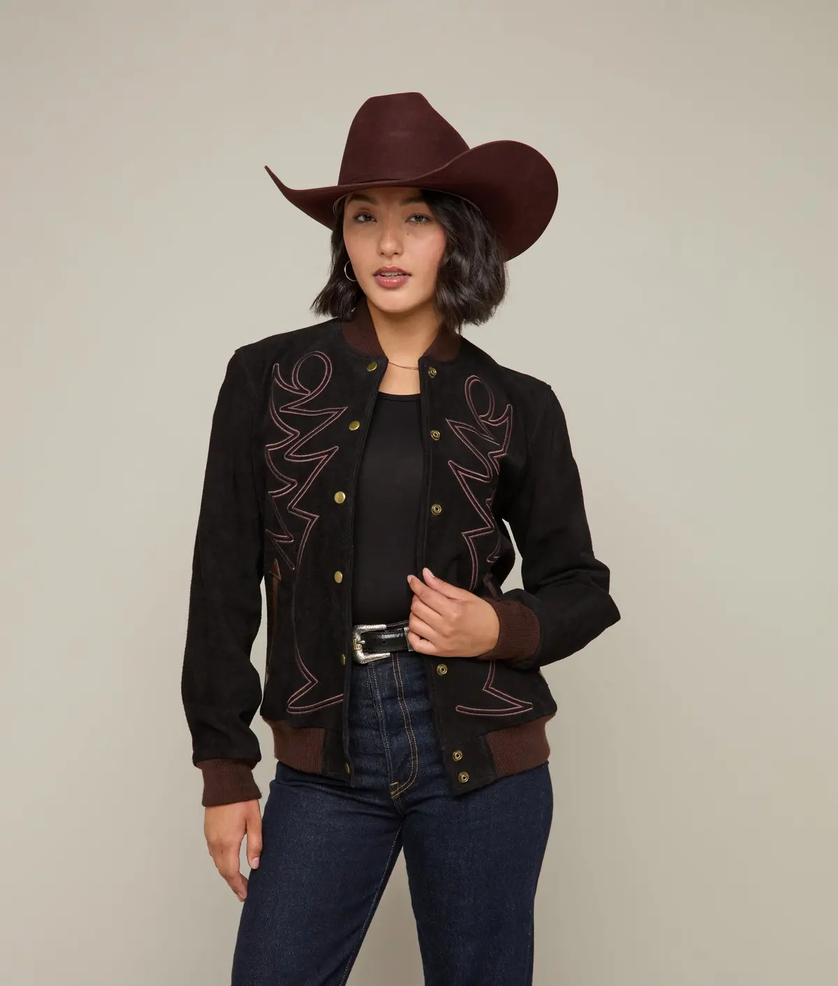 Embroidered Suede Bomber Jacket :: Black 1