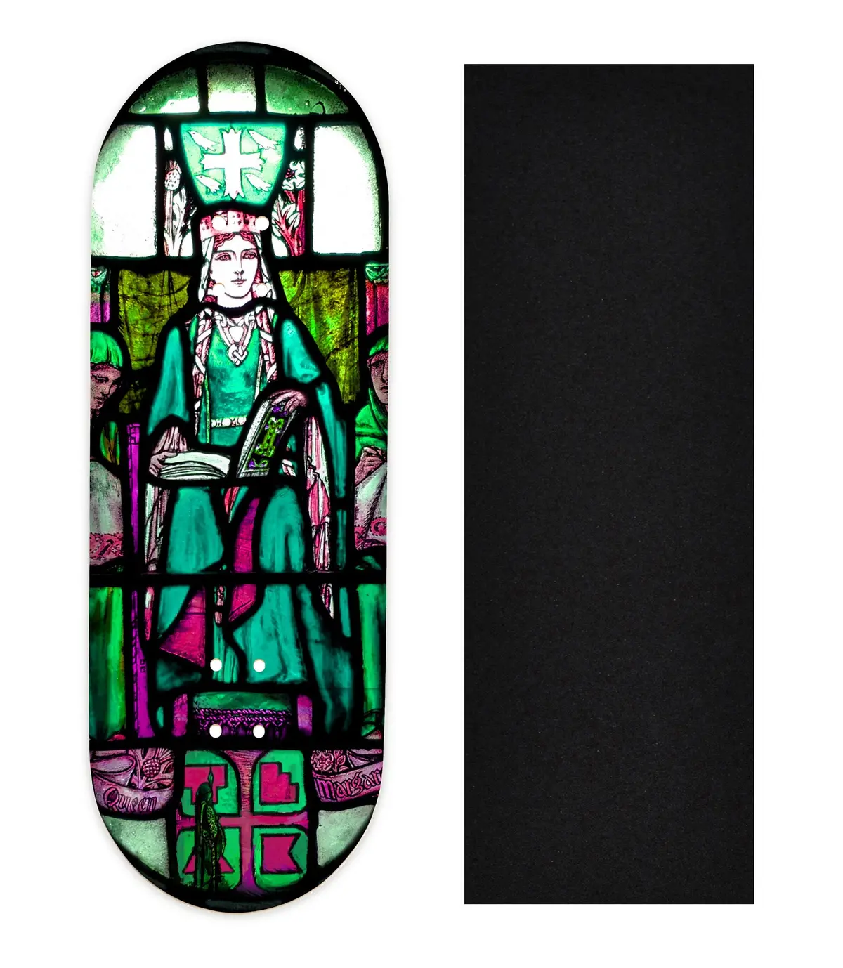 Heat Transfer Graphic Wooden Fingerboard Deck, "Queen Margaret Stained Glass" 1