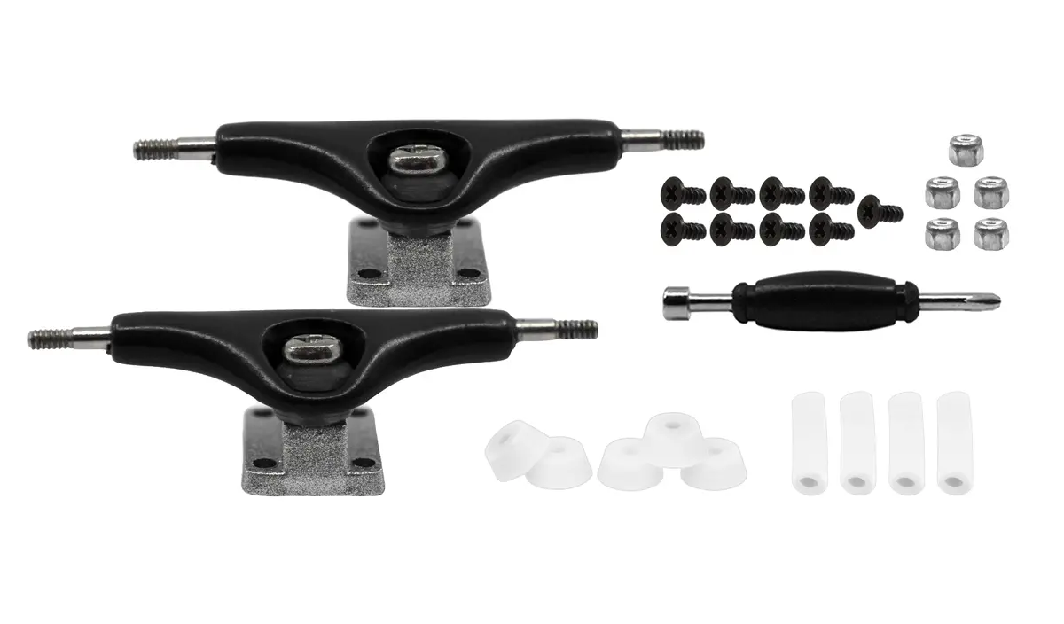 Prodigy Pro Plus Trucks, Black & Silver Mixed Colorway - 32Mm Wide - Includes 61A Pro Duro Bubble Bushings In Clear Glow + 2 Clear Pivot Cups 1