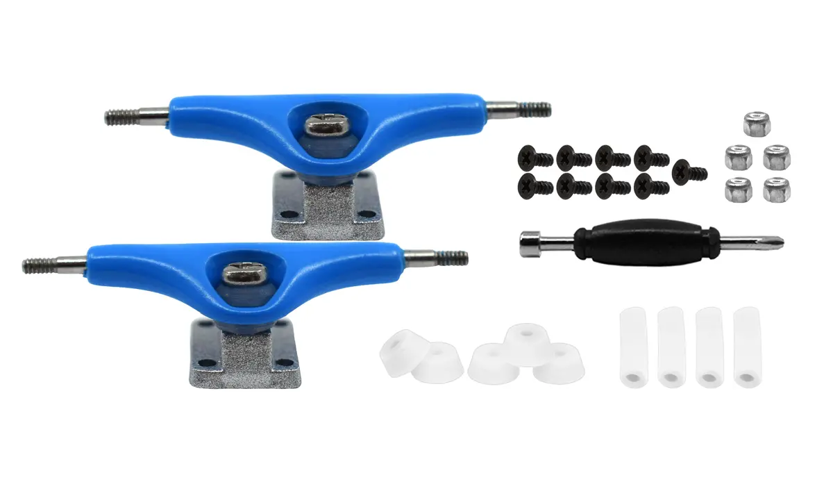 Prodigy Pro Plus Trucks, Blue & Silver Mixed Colorway - 32Mm Wide - Includes 61A Pro Duro Bubble Bushings In Clear Glow + 2 Clear Pivot Cups 1