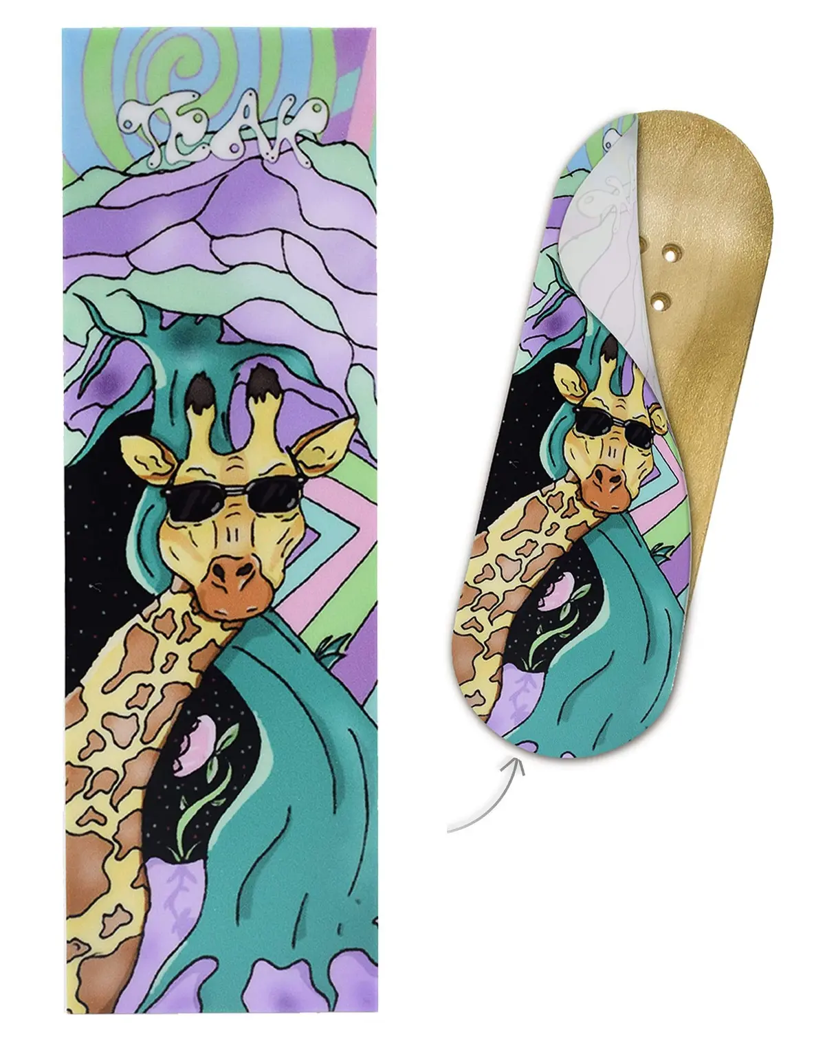 Teak Swap Fingerboard Deck & Graphic Wrap - "Graffiti Giraffe" - 32Mm X 97Mm 2