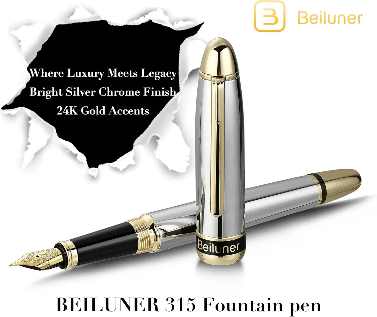 Caneta Tinteiro Beiluner Cromada Prata 315, Canetas De Luxo Deslumbrantes Com Detalhes Em Ouro 24K, Linda Ponta Dourada 24K (Fina), Conversor De Tinta, Presente Chique Para Homens E Mulheres - Deluxe Edition 1