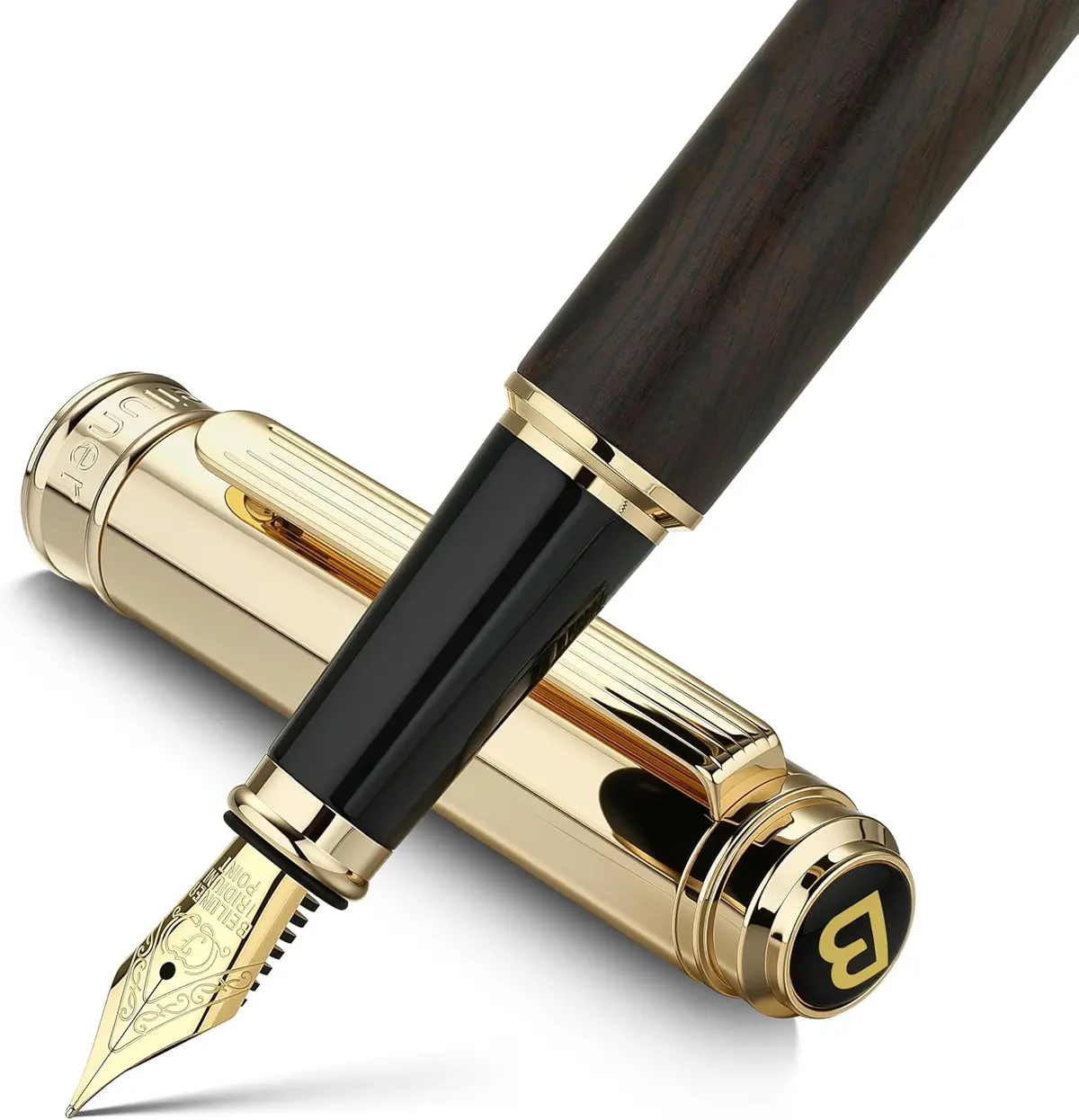 Caneta Tinteiro Beiluner 316, Deslumbrante Madeira Preta Luxuosa, Ponta Dourada 24K (Fina), Lindo Acabamento Em Ouro 24K, Conversor De Tinta, Presente Chique Para Homens E Mulheres - Elegante - Deluxe Edition 1