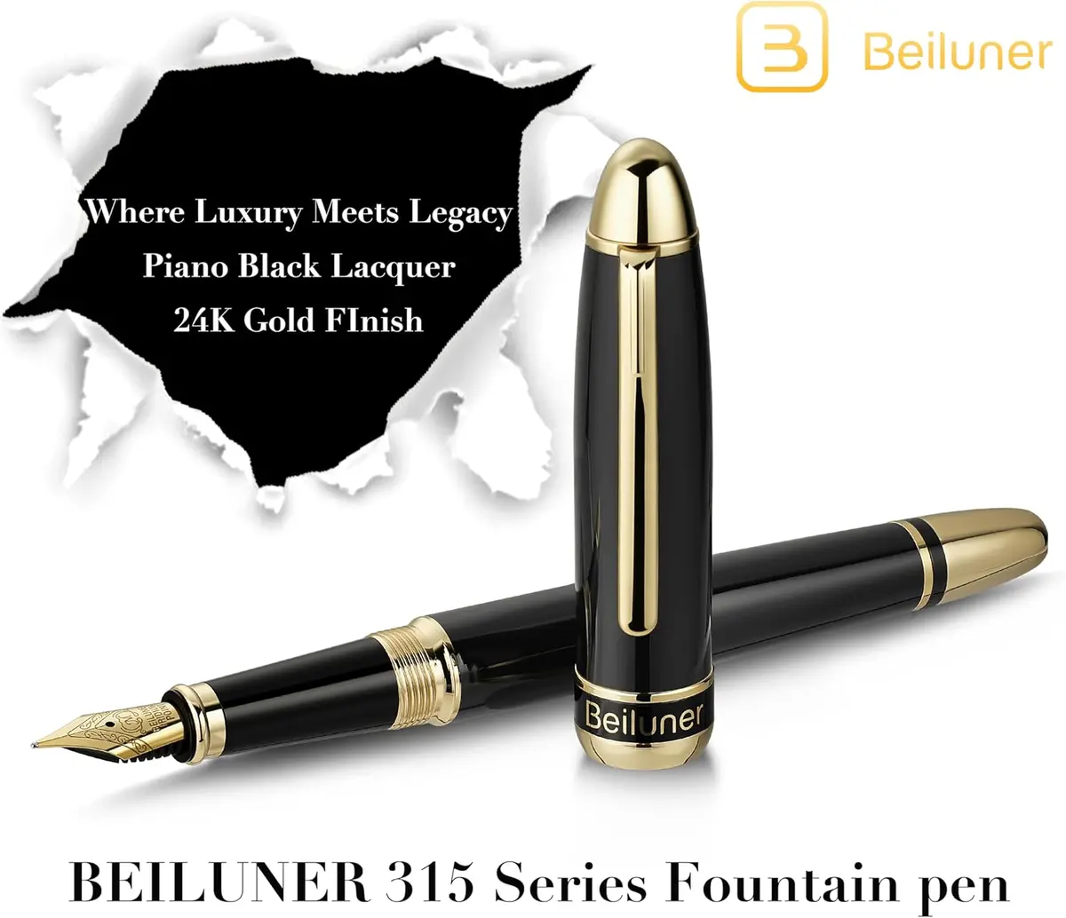 Caneta Tinteiro Beiluner Preta 315, Canetas De Luxo Deslumbrantes Com Detalhes Em Ouro 24K, Linda Ponta Dourada 24K (Fina), Conversor De Tinta, Presente Chique Para Homens E Mulheres - Deluxe Edition 1