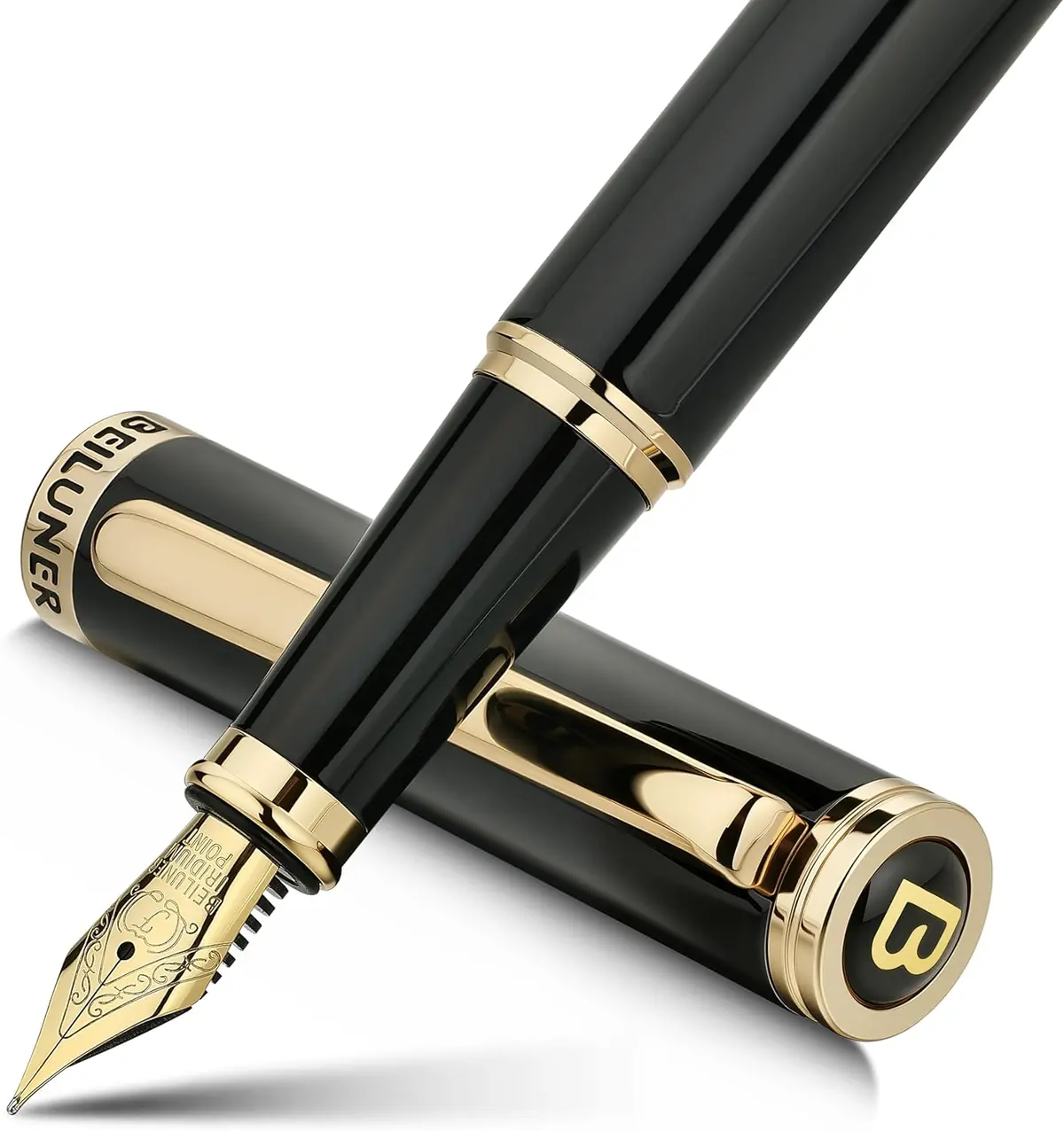 Caneta Tinteiro Beiluner Preta, Canetas De Luxo Deslumbrantes Com Detalhes Em Ouro 24K, Linda Ponta Dourada 24K (Fina), Caneta De Presente Confiável Para Homens E Mulheres - Conversor De Tinta - Deluxe Edition 1