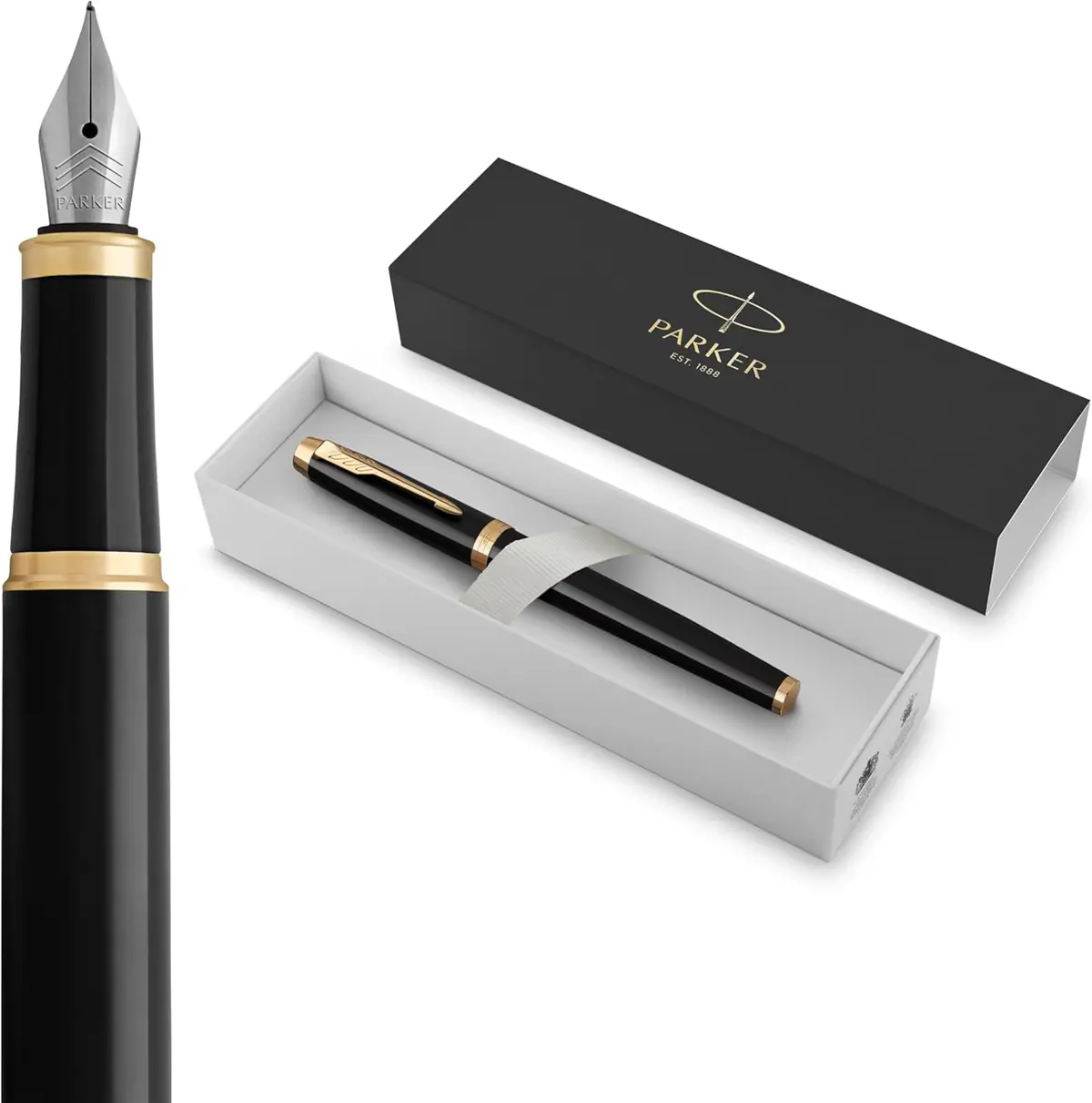 Caneta Tinteiro Parker Im, Laca Preta Com Acabamento Dourado, Ponta Fina, Refil De Tinta Azul, Caixa De Presente Elegante- Deluxe Edition 1