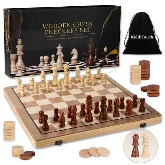 Jogo De Tabuleiro Xadrez  E Damas Magnéticos 38Cm De Madeira - Novo 1
