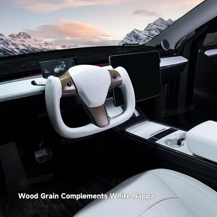Tesla Model Y/3White Yoke Steering Wheel In Wood Grain With Nappa 1