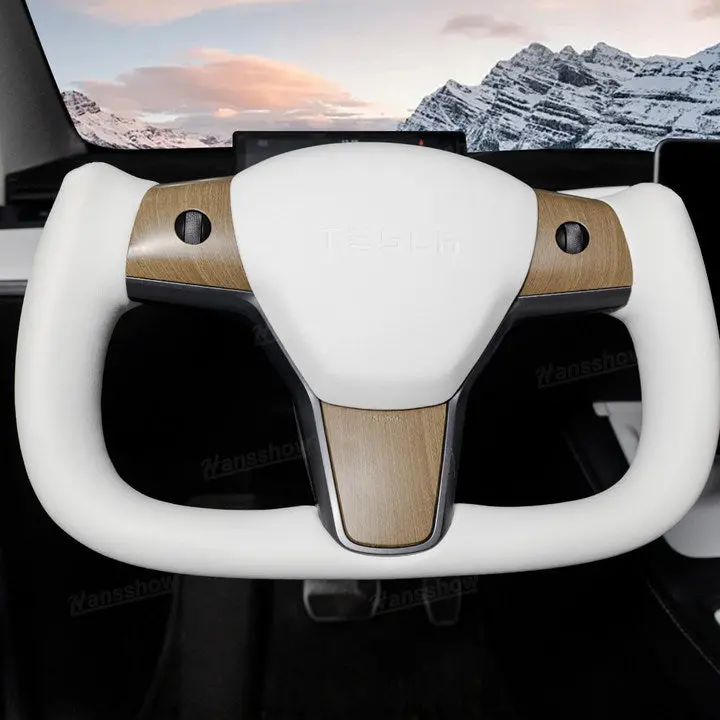 Tesla Model Y/3White Yoke Steering Wheel In Wood Grain With Nappa 2
