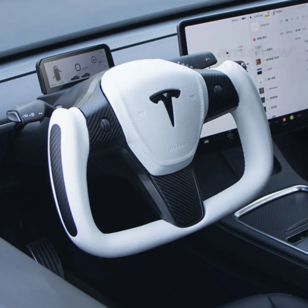 Model 3/Y Yoke Style Carbon Fiber Steering Wheel Ellipse Nappa Leather... 1