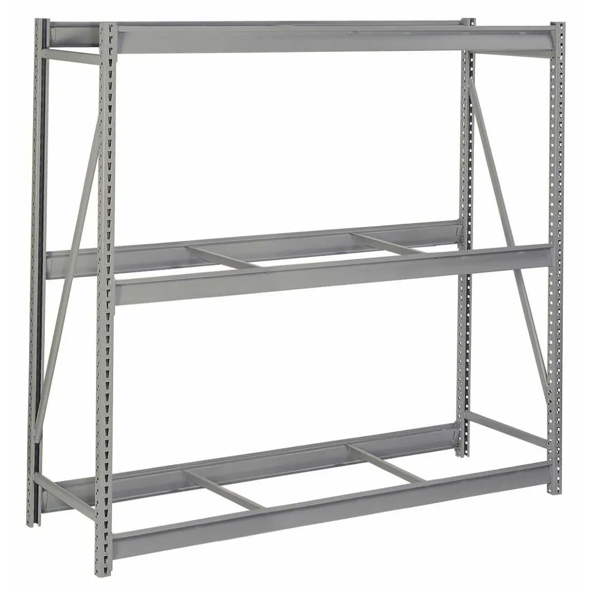 Bulk Storage Rack with Front-to-Back Structural Supports for Stability
