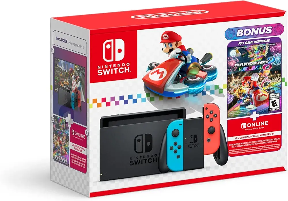 Consola Nintendo Switch Bundle Mario Kart Deluxe + Nintendo Individual Online Membership V2 (32Gb) Azul Néon/ Vermelho Néon - Nova 1