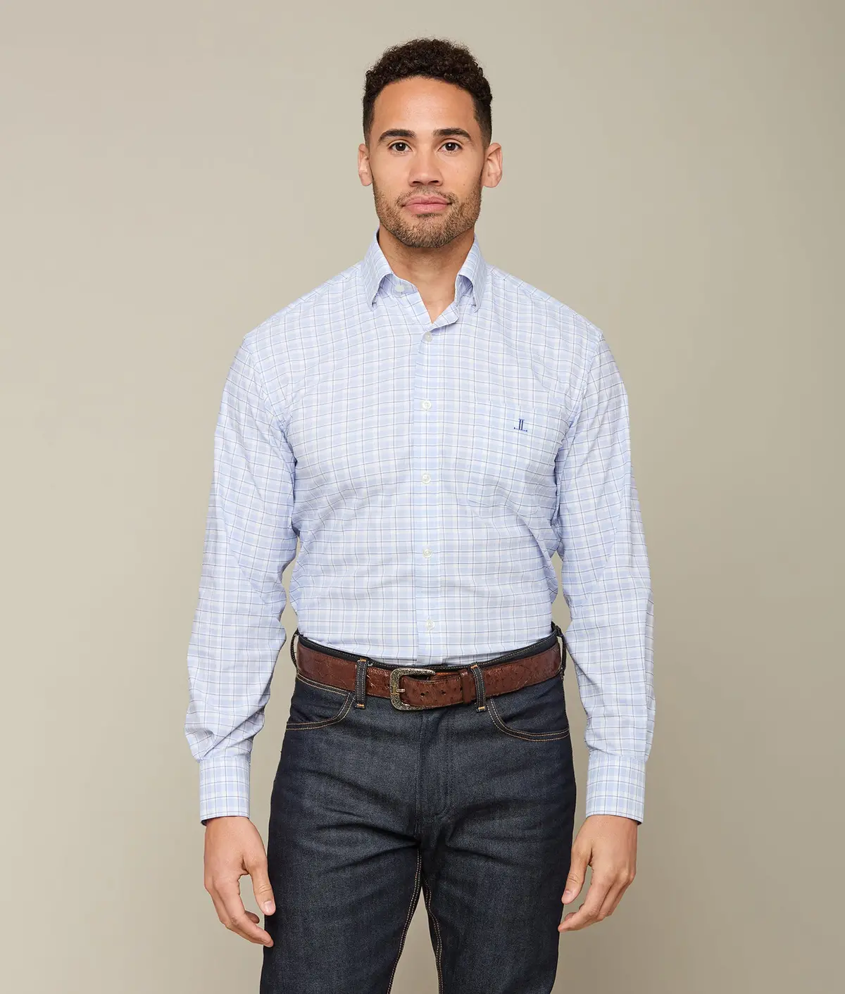 San Antonio Cowboy Fit :: White And Blue Graph Plaid 1