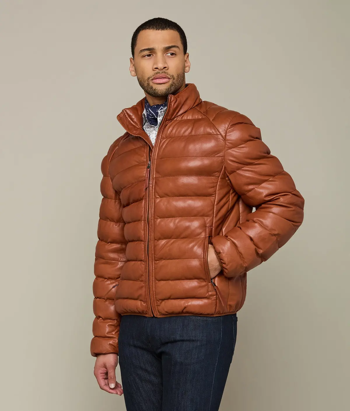 Men's Leather Puffer Jacket :: Cognac 1