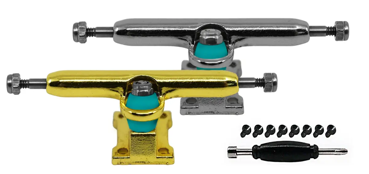 Fingerboard Prodigy Pro Trucks With Upgraded Tuning, "Sweet Charity" - Gold & Silver - 34Mm Width - Includes Free 61A Pro Duro Bubble Bushings In Teak Teal 1
