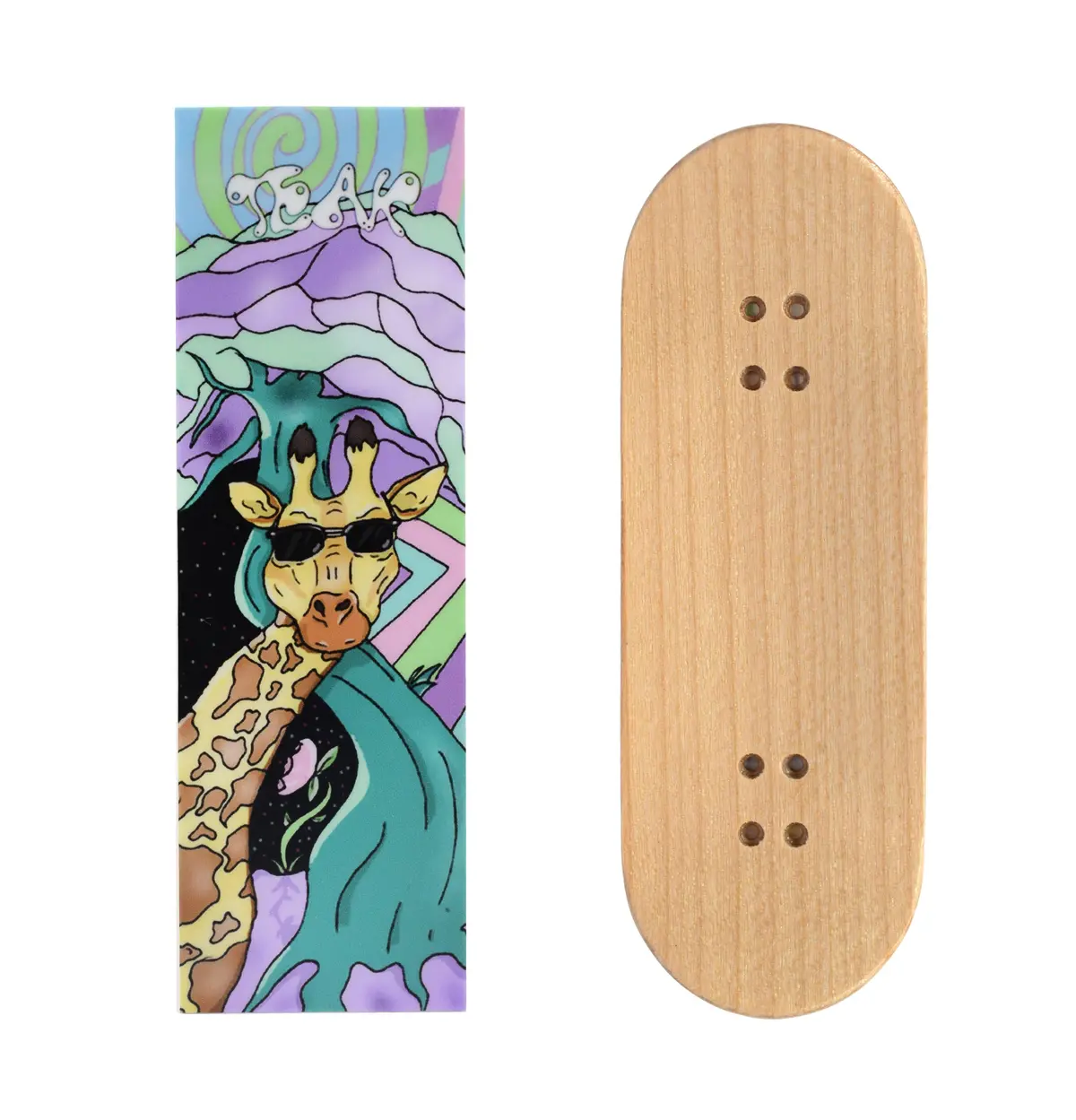 Teak Swap Fingerboard Deck & Graphic Wrap - "Graffiti Giraffe" - 32Mm X 97Mm 1